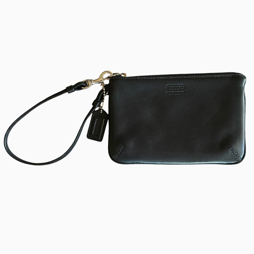 COACH Leatherware Small Smooth Black Leather Y2K Top Zip Wristlet Hang Tag